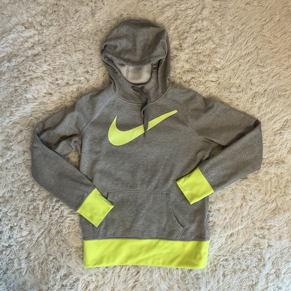Nike Tops - Nike Therma-Fit Hoodie Women Medium Gray Volt Neon Yellow Pullover Swoosh Thumbs